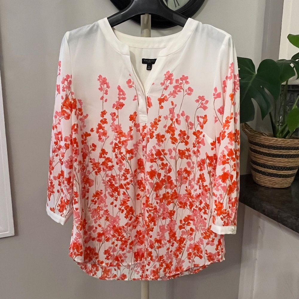 Talbots S Petite Ivory Pink Floral 3/4 Sleeve Flowy Sheath Tunic Blouse Top